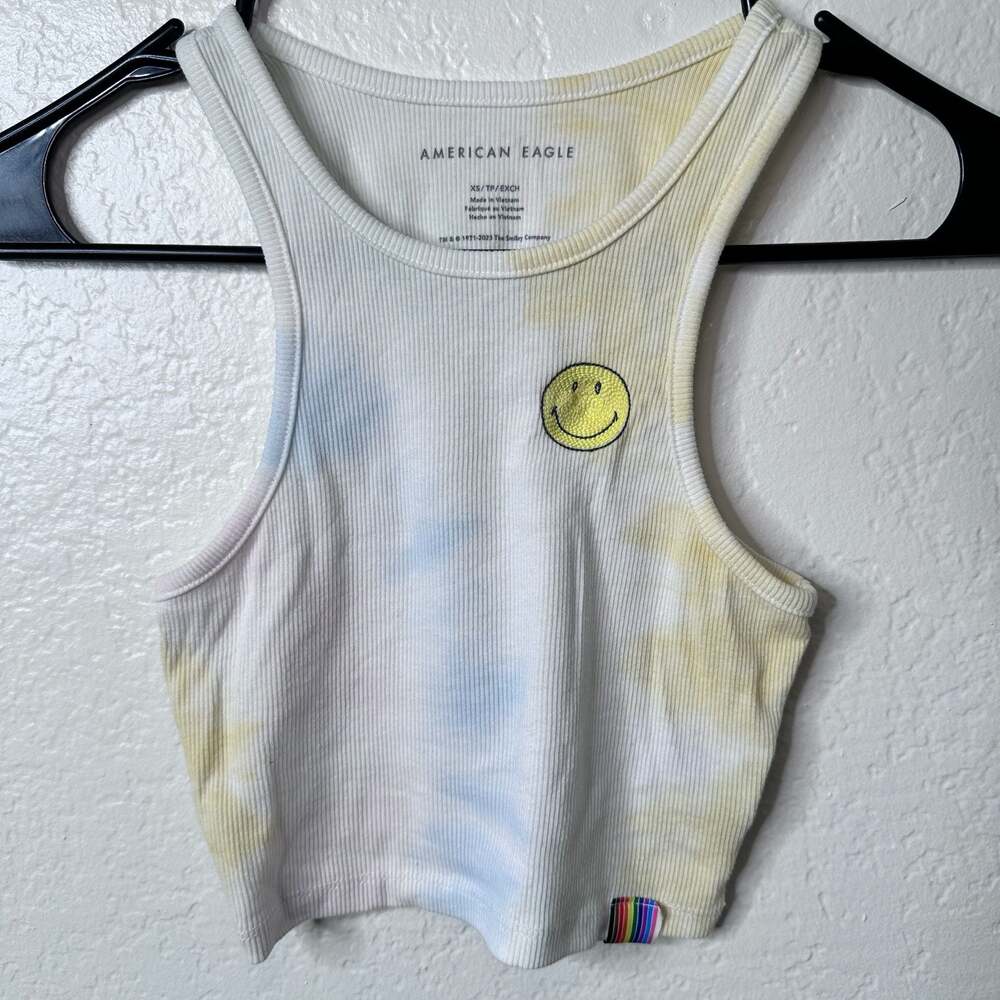 American Eagle Ribbed Smiley Face Racerback Tank Crop Top XS